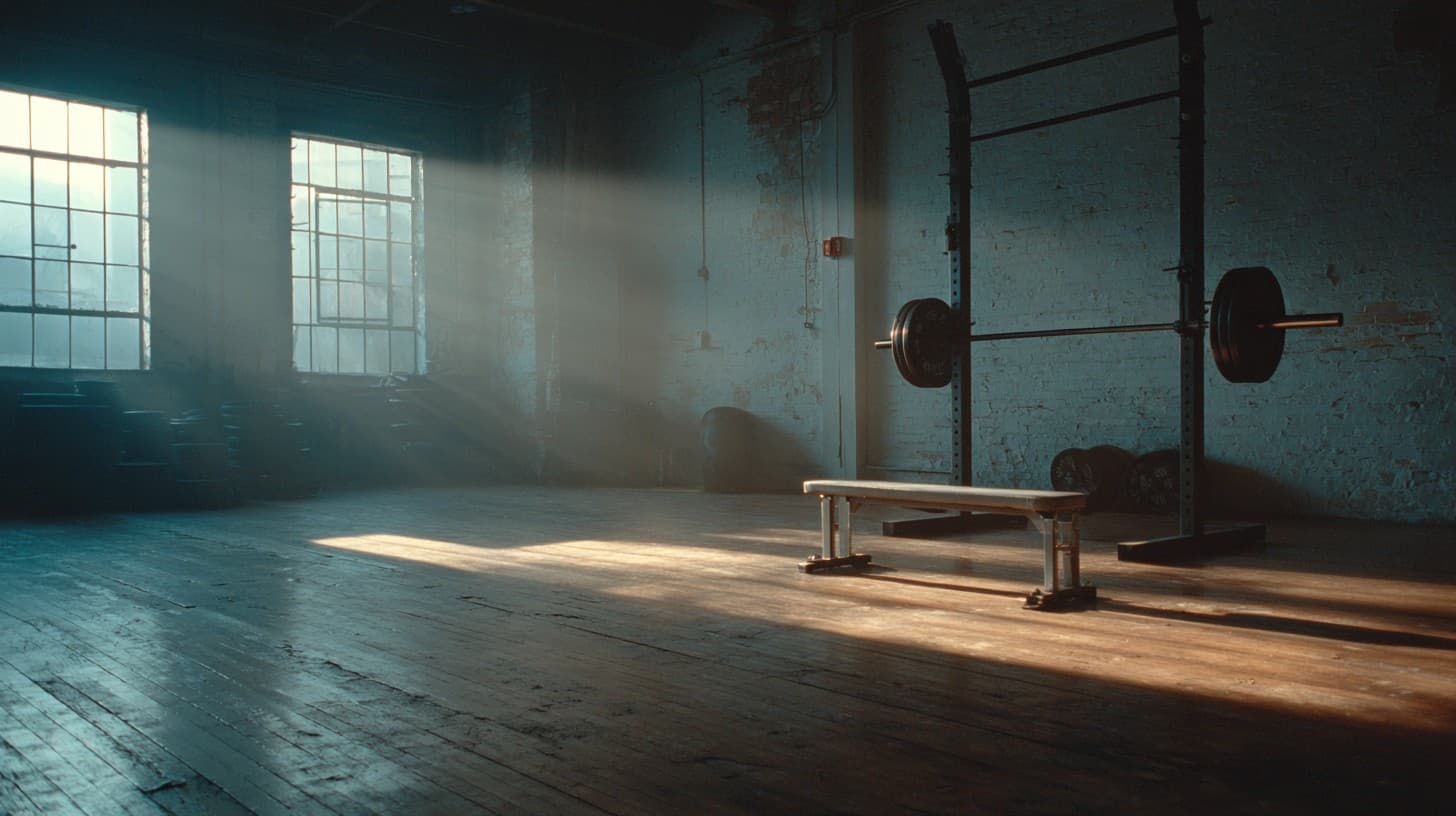 An empty gym at predawn — power rack, weight plates, and bench in deep shadow with cold light pouring through industrial windows